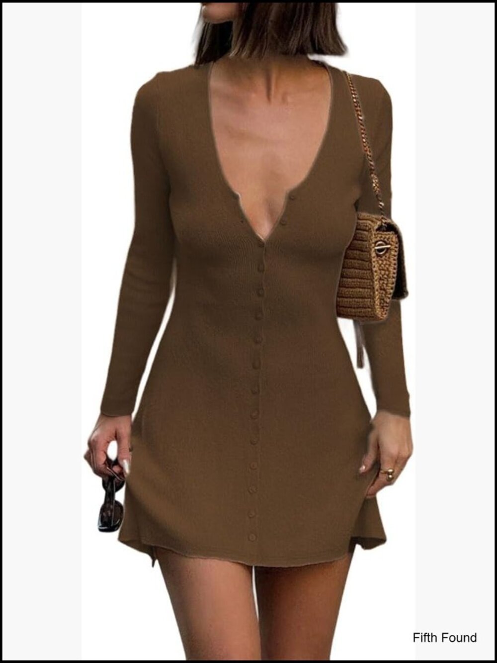Deep V Neck Button Front Knit Mini Dress Long Sleeve A-Line Flowy Bodycon